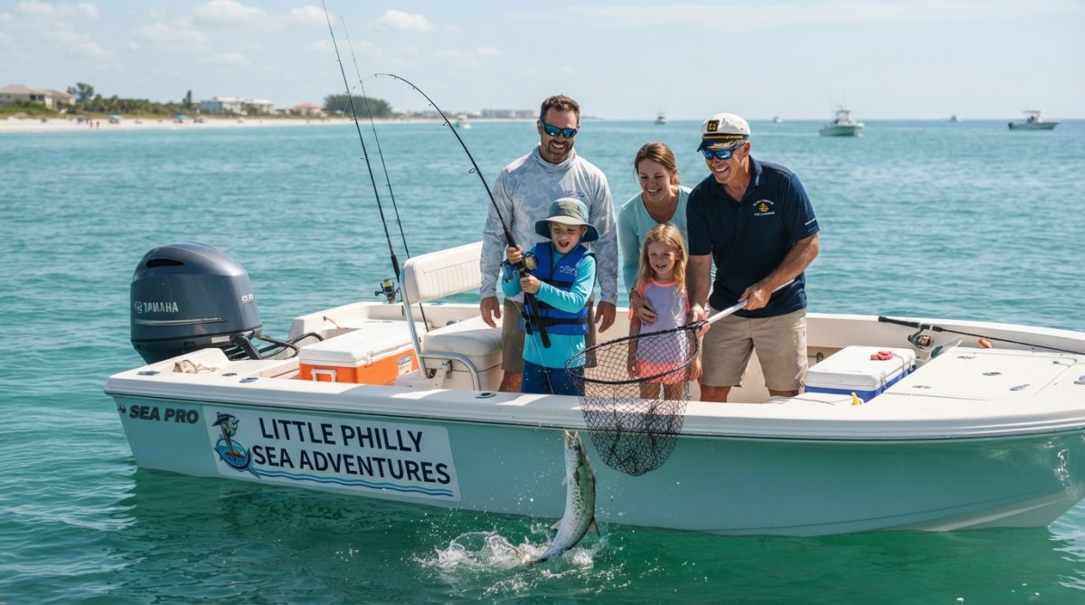 A family on a mid-sized fishing boat with a captain in the Gulf of Mexico, one child reeling in a fish while calm coastal waters stretch behind them under bright afternoon sun