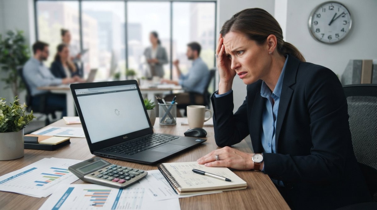 Frustrated professional waiting for a slow website, highlighting why a website optimization budget is essential.