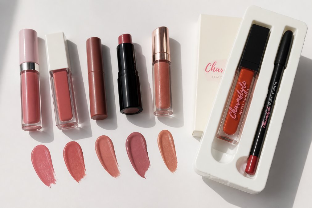 Flat lay of various lip gloss and lipstick products with color swatches displayed on a neutral white surface, showing different finishes and pigmentation levels in natural daylight