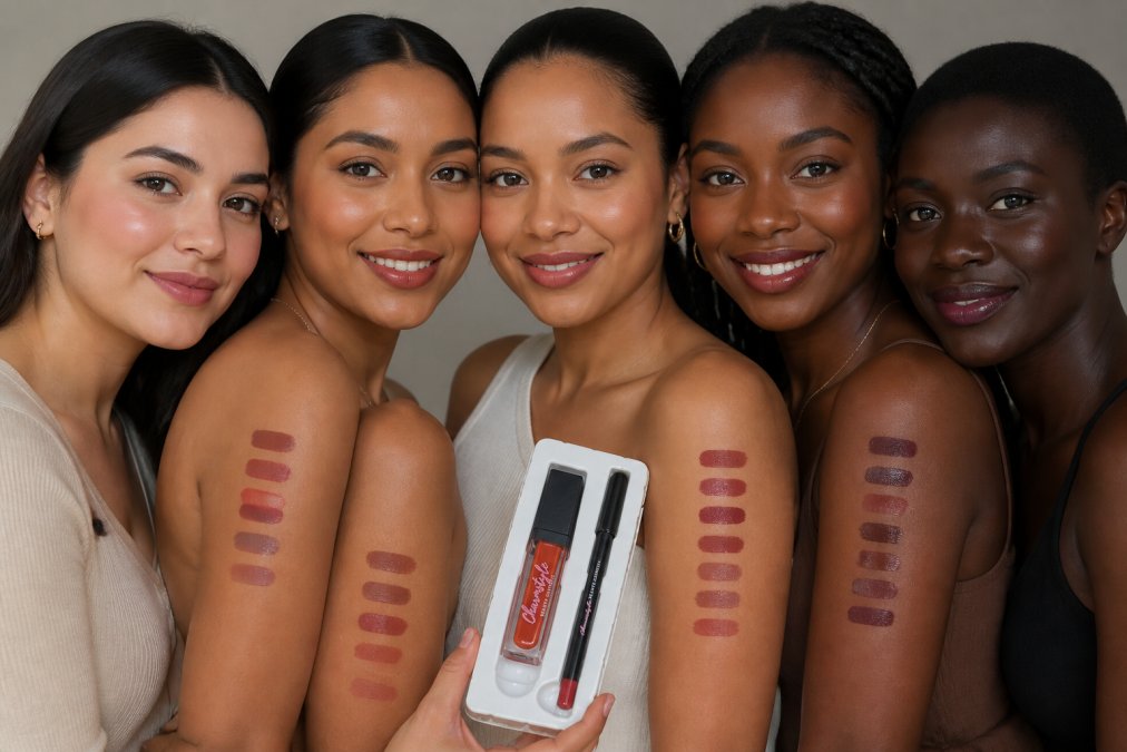 Close-up of five women with diverse skin tones showing different lip shade swatches and undertones against their skin in natural window lighting, displaying warm, cool, and neutral shade variations