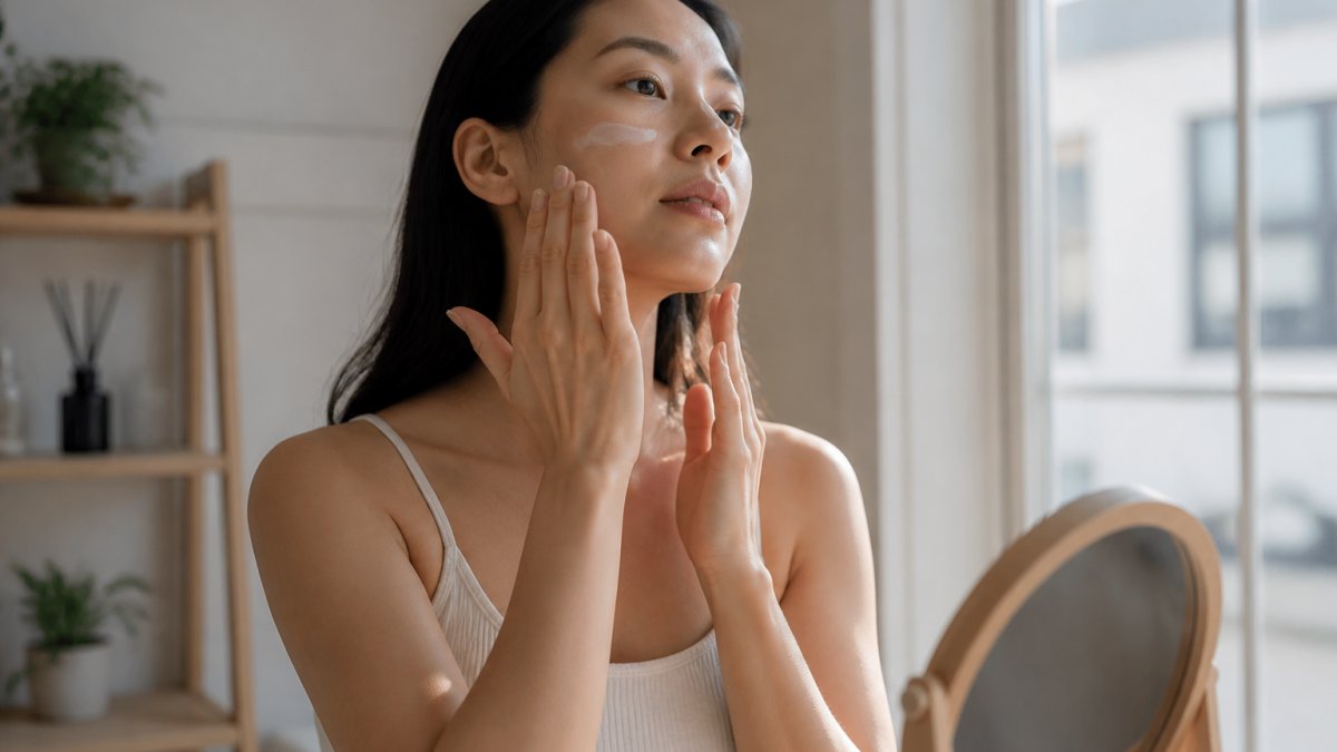 Person applying Korean sunscreen to face and neck area using fingertips, demonstrating proper application technique with natural morning light streaming through a window