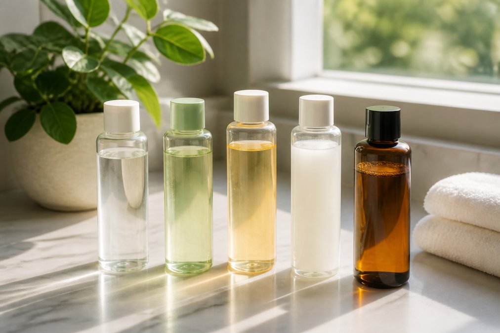 Five K-beauty toners arranged on a clean bathroom counter with a small green plant and soft towel.