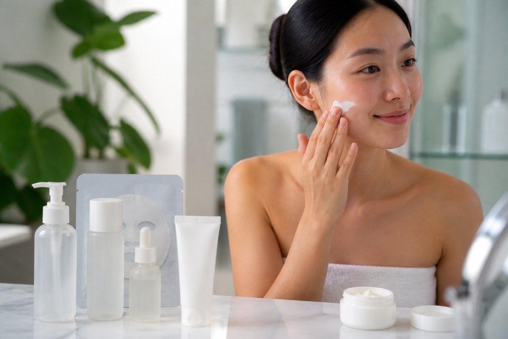 A close-up of a person with calm, hydrated skin gently applying a cream moisturizer, with Korean skincare bottles and a sheet mask package visible on a clean bathroom counter in soft natural light