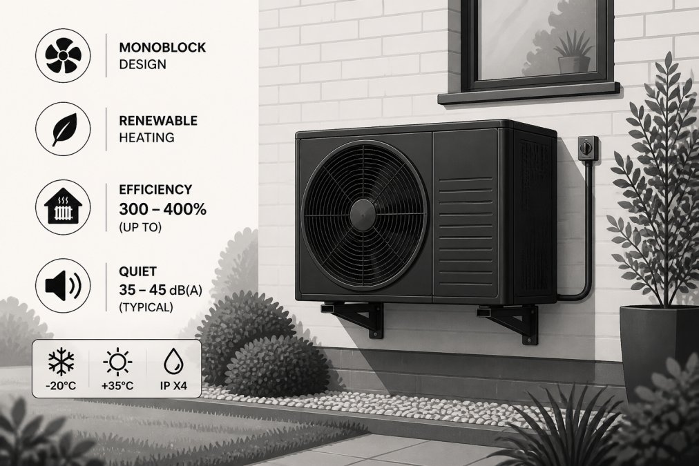 Outdoor air source heat pump unit mounted on the exterior wall of a residential home in a garden setting, showing the monoblock design with surrounding landscaping and brick wall