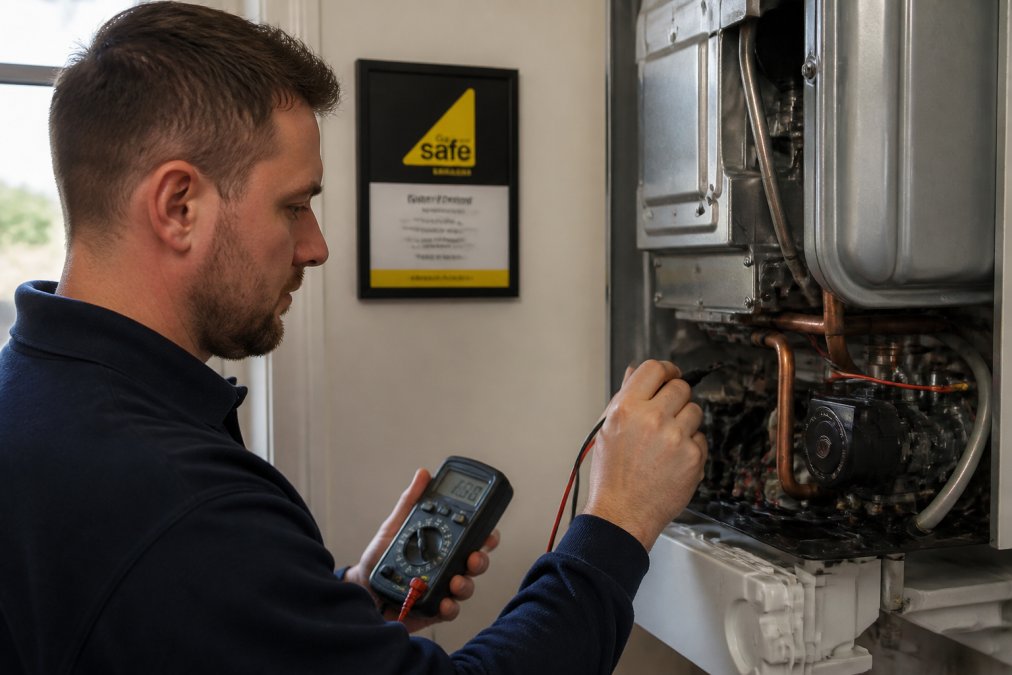 Professional heating engineer in uniform performing diagnostic checks on a residential boiler system with testing equipment, with a Gas Safe certificate visible on the wall in the background