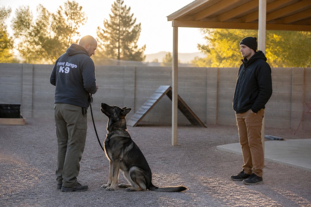 Professional dog trainer working one-on-one with a dog on leash in outdoor training facility, handler observing nearby in morning sunlight