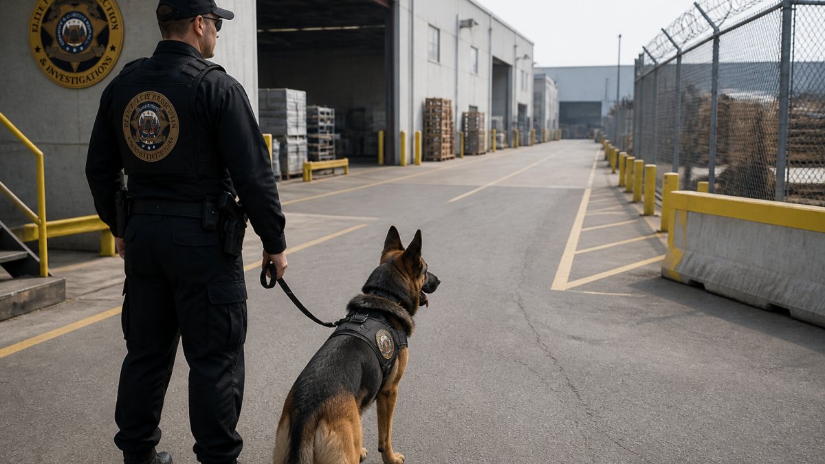 Warehouse facility layout diagram showing high-risk zones (loading dock, perimeter fence, storage yard, blind spots) with K9 patrol routes marked and handler positioning indicated