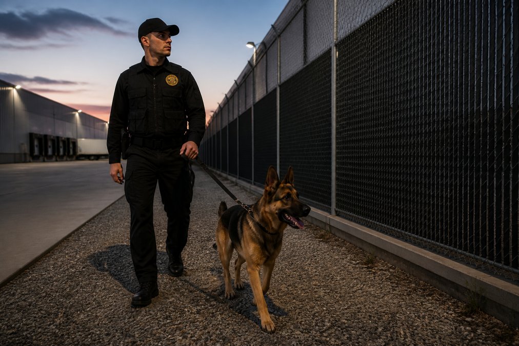 A uniformed security handler walking a German Shepherd patrol dog along the exterior fencing of a large warehouse at dusk, the dog alert and focused, the handler holding a lead and scanning the perimeter