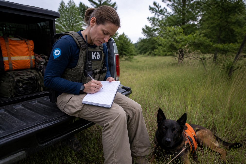 SAR handler documenting K9 unit certification tracking for SAR teams in a training log book while the dog rests