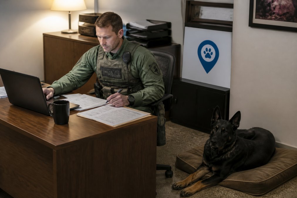 K9 handler using K9 compliance software on a laptop while his police dog rests nearby in the station office.