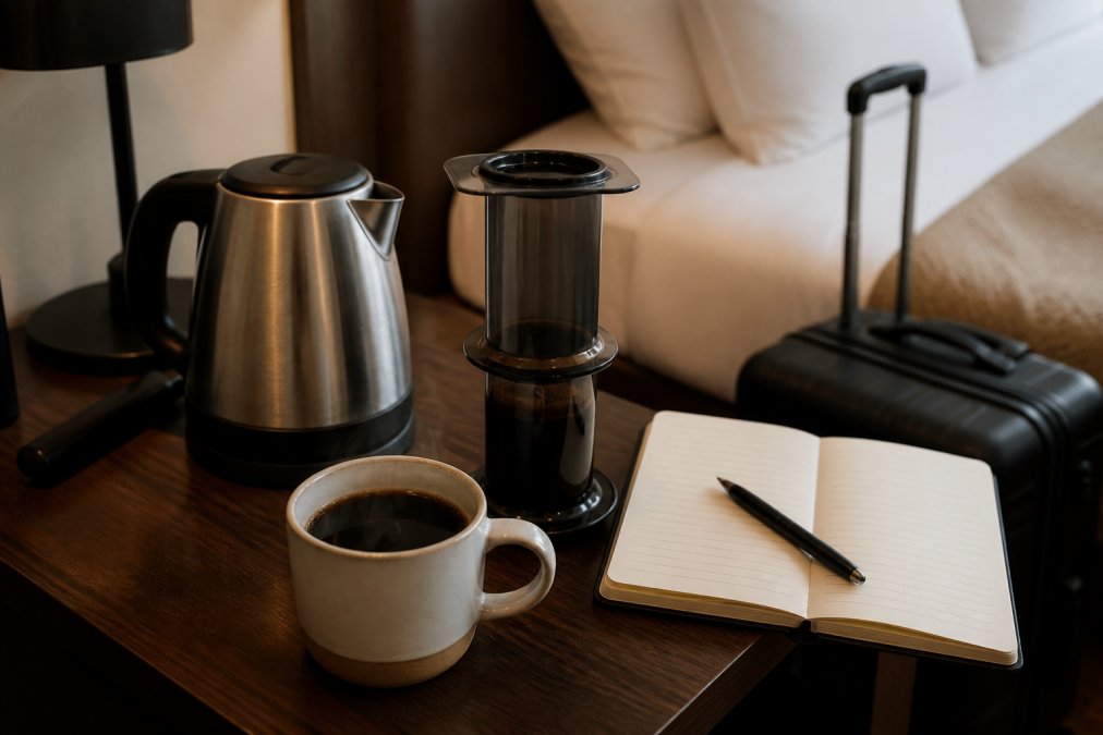 A hotel room desk with a small electric kettle, a steaming cup of coffee, and a compact AeroPress next to a notebook and a suitcase in the background