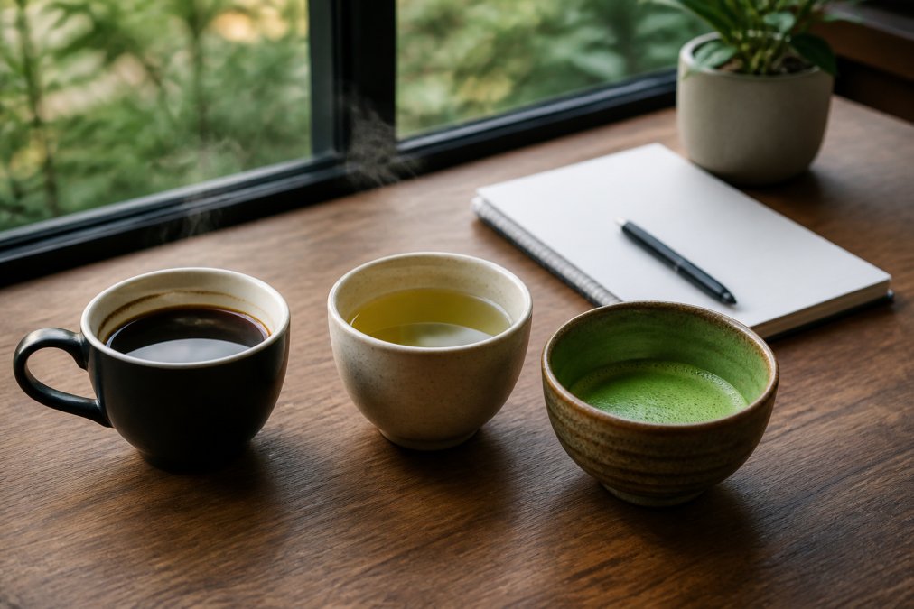 Et stilrent bord med en dampende kop sort kaffe ved siden af en kop grøn te og en matcha i en skål, med en notesbog og en pen, der antyder et arbejdsscenarie med fokus