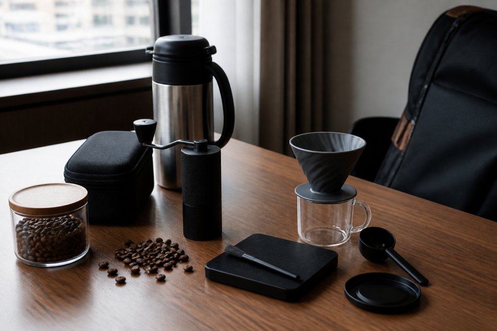 Bærbar manuel kaffekværn og kompakt brygningsudstyr lagt ud på hotelskrivebord med kaffebønner og termokande, naturligt lys fra vindue