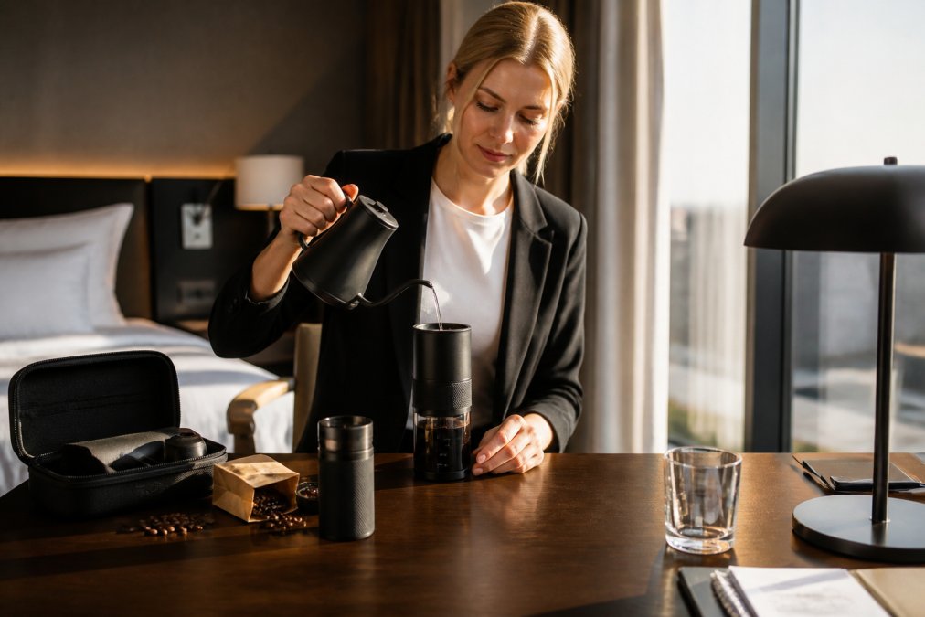 Forretningskvinde i hotelværelse ved skrivebord, der brygger kaffe med bærbar brygningsudstyr, med kaffebønner, kværn og varmt vand i fokus, morgenslys gennem vindue