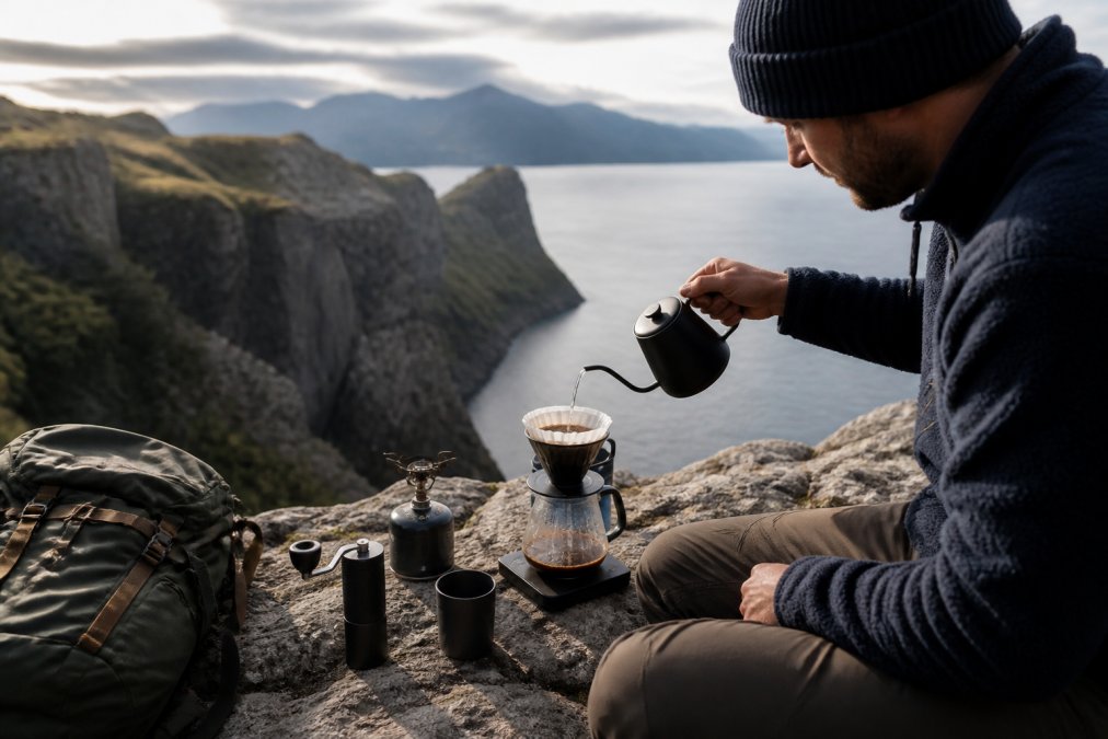 En person sidder ved en klippekant i naturen med en lille manuel kaffekværn og en hældekande, der langsomt hældes varmt vand over friskristede bønner i et filter, omgivet af en rygsæk og et lille stormkøkken