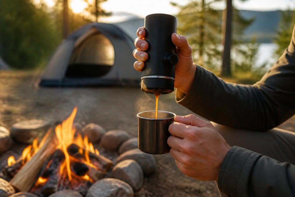 Hænder holder en manuel espressomaskine over en kaffekop ved et campingbål, med telt og grønne træer i baggrunden, varmt sollys