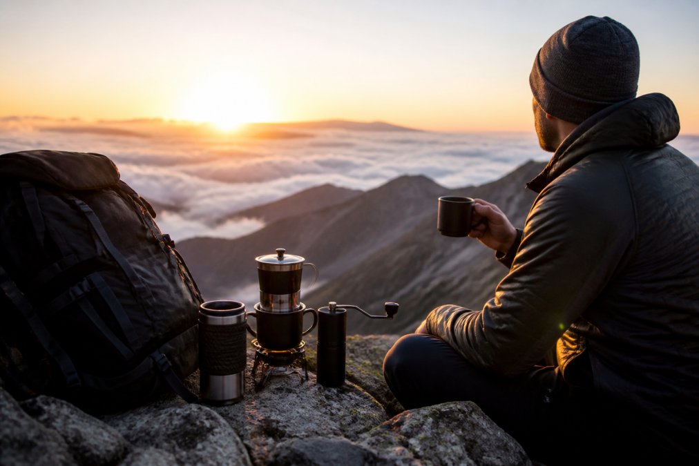 Rejsende person nyder en kop kaffe ved siden af sin rygsæk og udstyr på en bjergtopp, med diverse kaffebrygningsudstyr synligt i baggrunden, naturligt lys fra solopgang