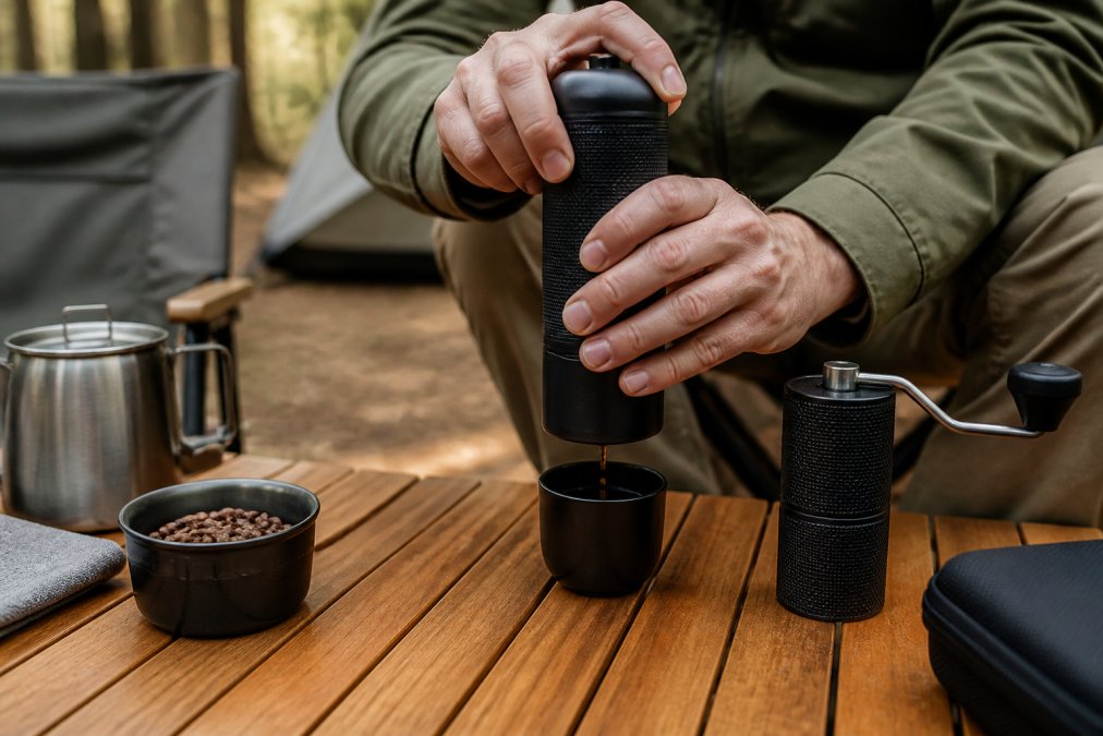 Nærbillede af hænder, der brygger kaffe med en portable espressomaskine på en campingplads, med varmt vand, kaffebønner og manuel kværn synlige på et træbord, naturligt dagslys