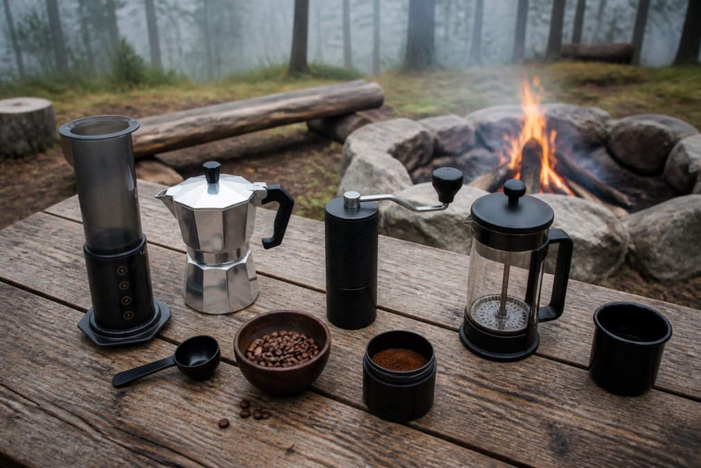 Overhead photo of various camping coffee gear including an AeroPress, moka pot and french press laid out on a wooden picnic table beside a campfire in a misty forest setting