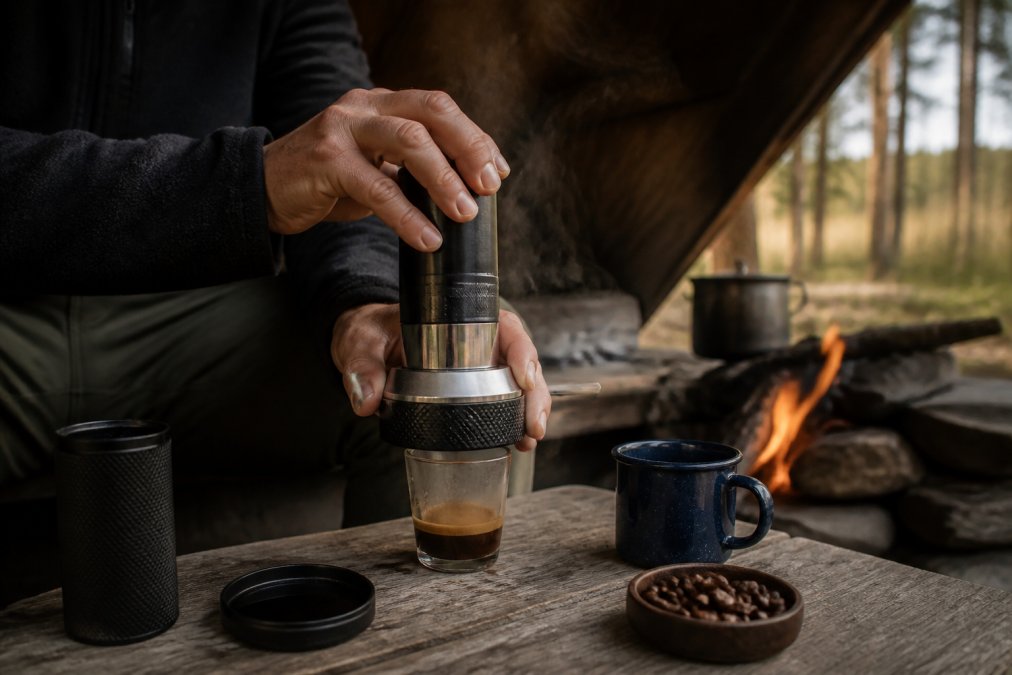 Hænder opererer en bærbar manuel espressomaskine udendørs under ly, med damp stigende fra portafilteret og naturlys fra siden, åben ild synlig i baggrunden