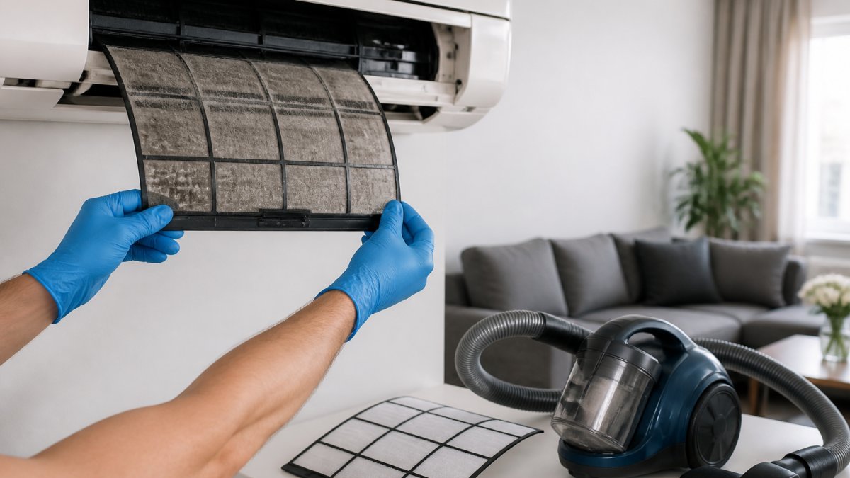 Artimas kadras, kuriame rankos išima nešvarų oro kondicionieriaus filtrą iš vidinio bloko, šalia padėtas dulkių siurblys ir švarus filtras, šviesus namų interjeras