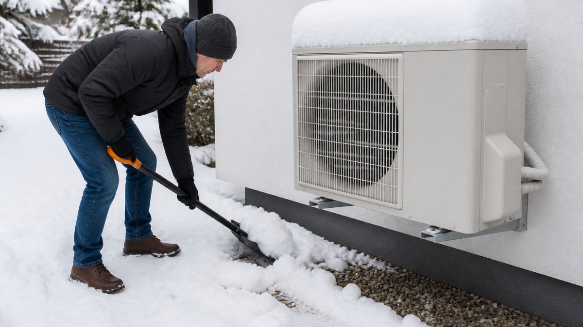 A homeowner in winter clothing clearing snow and ice from around an outdoor heat pump unit mounted on a house wall, with a snow-covered garden in the background