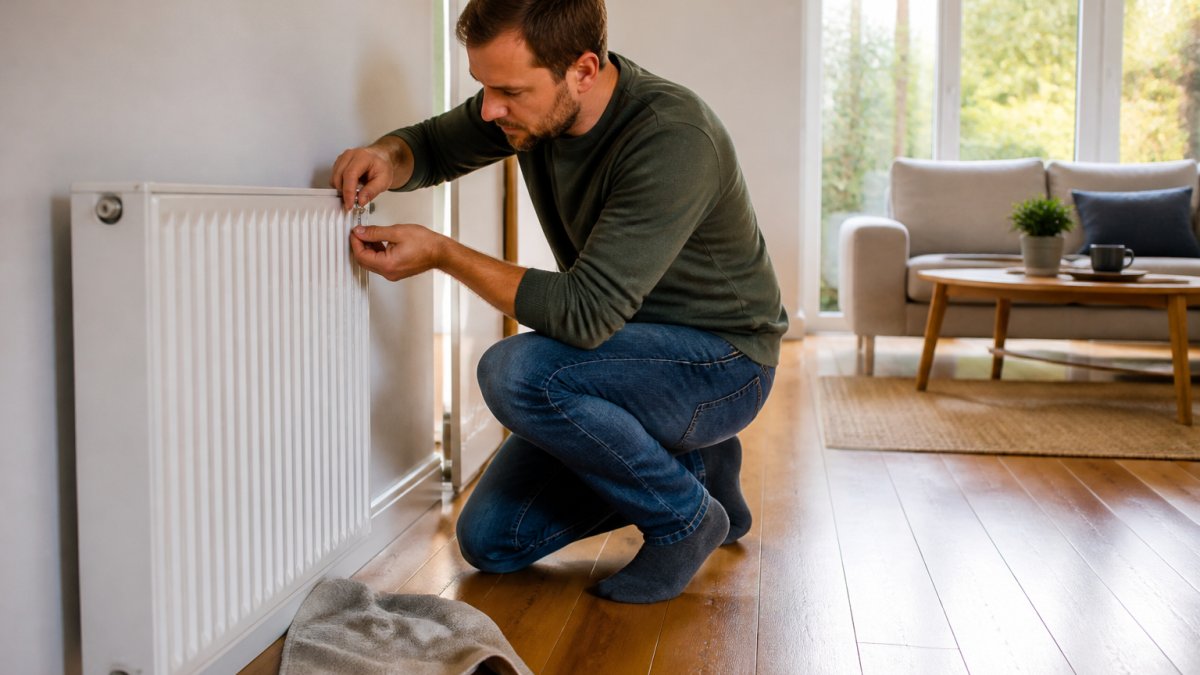 A homeowner in casual clothes bleeding a radiator with a small key, towel on the floor, bright living room with wooden floors and large windows in the background