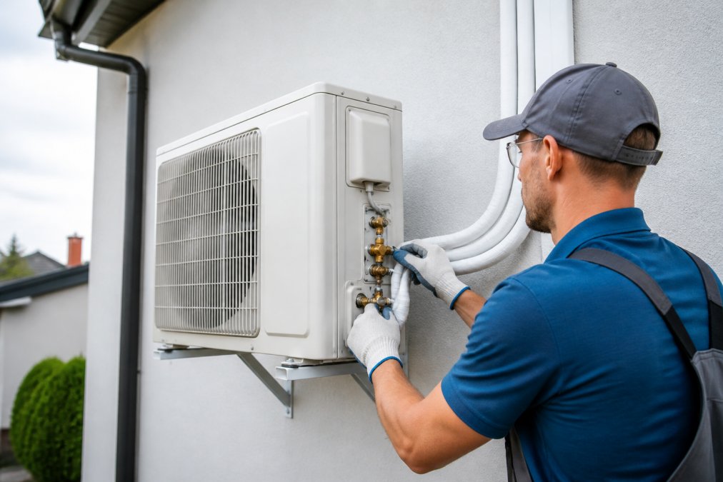 Technician in work clothes inspecting the outdoor unit of a multi split air conditioning system mounted on a house wall, with refrigerant pipes visible, daylight scene