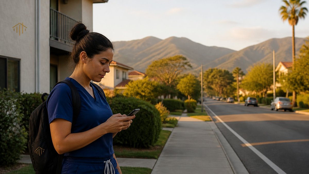 Healthcare worker checking a map for ventura housing near a residential street at golden hour