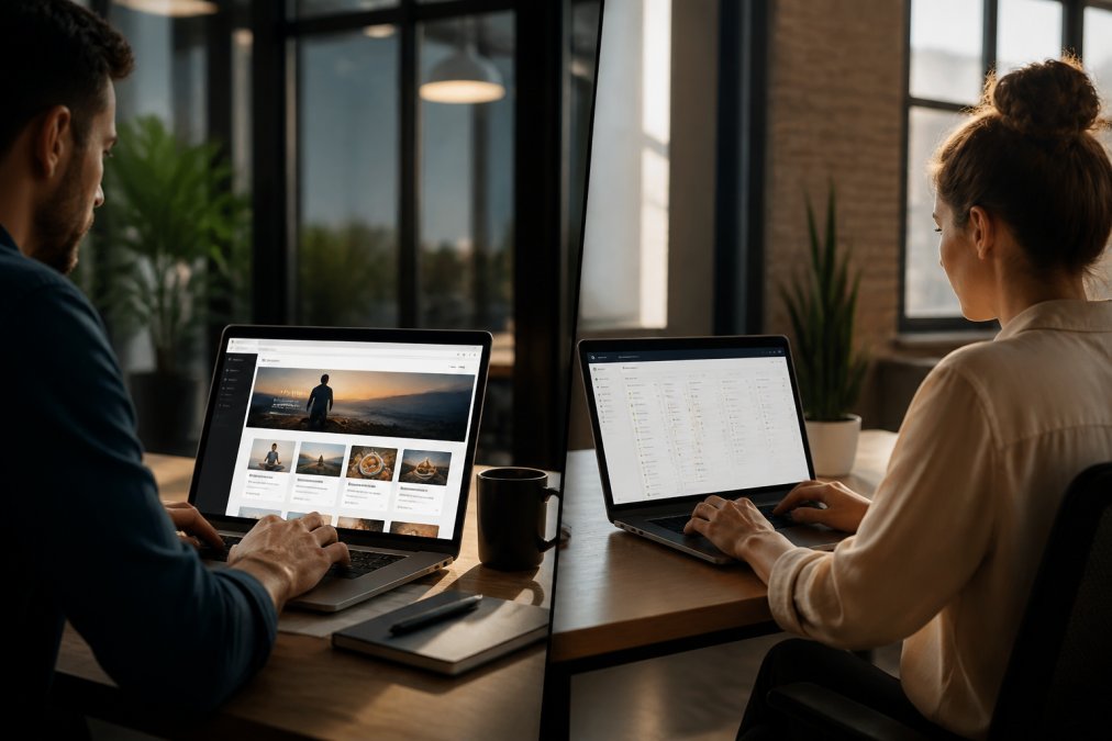 Kajabi vs GoHighLevel for Course Creators in 2026 Split-screen comparison of Kajabi vs GoHighLevel dashboards for course management and CRM pipeline tracking