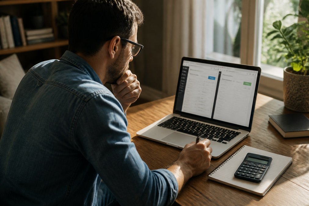 A solo entrepreneur at a tidy desk comparing two subscription dashboards on a laptop screen, calculator and notebook beside the keyboard, soft daylight from a window