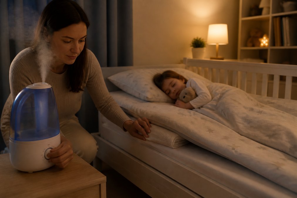 Roditelj u tihoj noćnoj sobi podešava ovlaživač zraka i podiže gornji dio madraca ručnikom dok dijete mirno spava u pozadini, toplo ambijentalno svjetlo