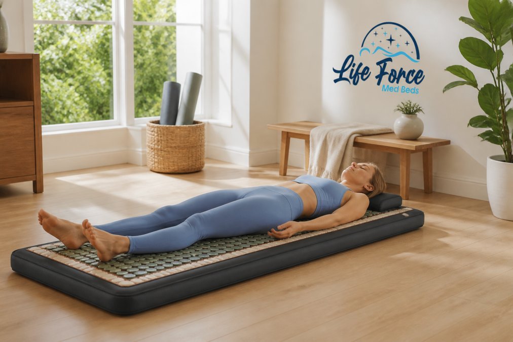 Person lying relaxed on Kala PEMF mat in bright home wellness space, with gemstone surface visible and natural morning light streaming through windows
