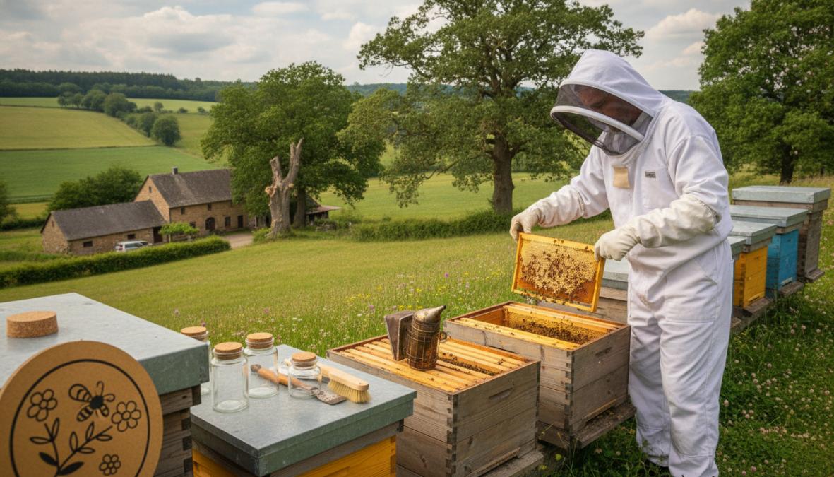 Imker bei der Arbeit an Bienenstöcken für kaltverarbeiteter Honig aus Luxemburg in einer grünen, natürlichen Umgebung.