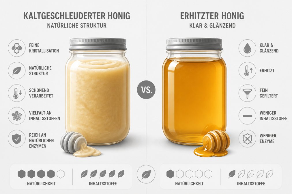 Zwei Honiggläser nebeneinander - cremiger, kristallisierter Honig mit natürlicher Struktur versus klarer, glänzender Honig, Vergleichsansicht in natürlichem Licht