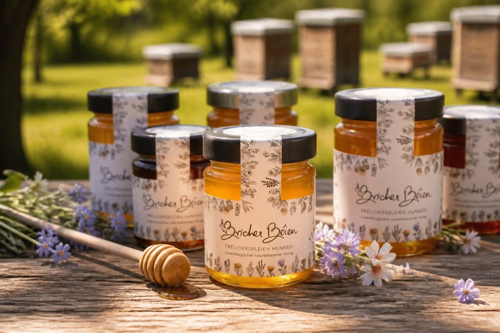 Mehrere Honiggläser verschiedener Sorten stehen auf rustikalem Holztisch, mit Bienenstöcken und grüner Wiese im unscharfen Hintergrund, warmes Licht fällt auf die Gläser
