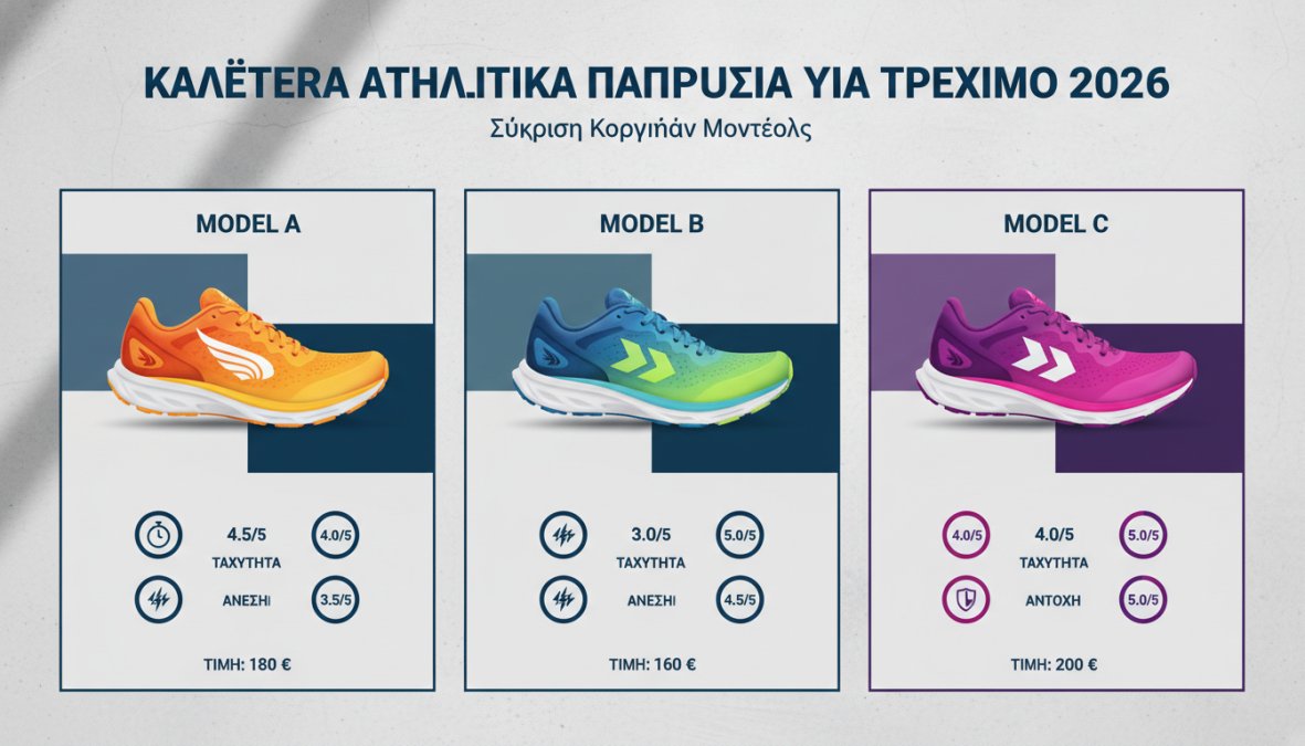 Flat lay of six colorful running shoes from different brands arranged neatly on a light concrete surface in natural daylight, showing variety in sole thickness and upper design