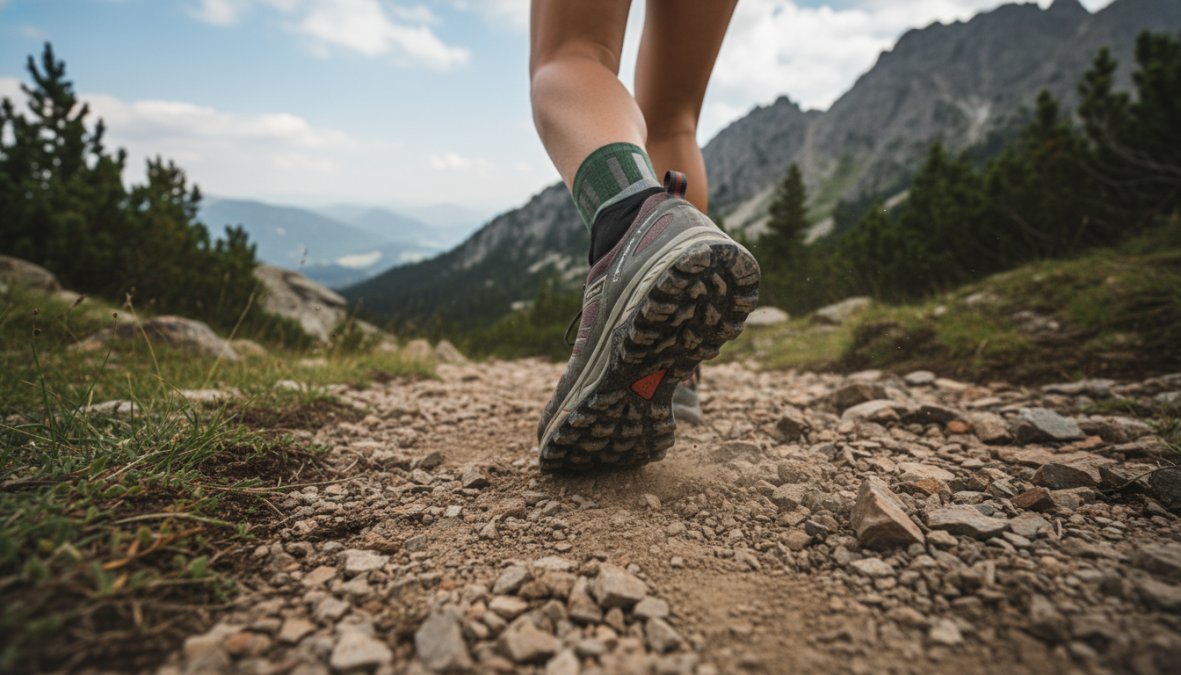 Trail runner wearing aggressive-lugged trail shoes gripping a rocky mountain path with loose stones and roots, late afternoon golden light, close-up on the shoe outsole making contact with terrain