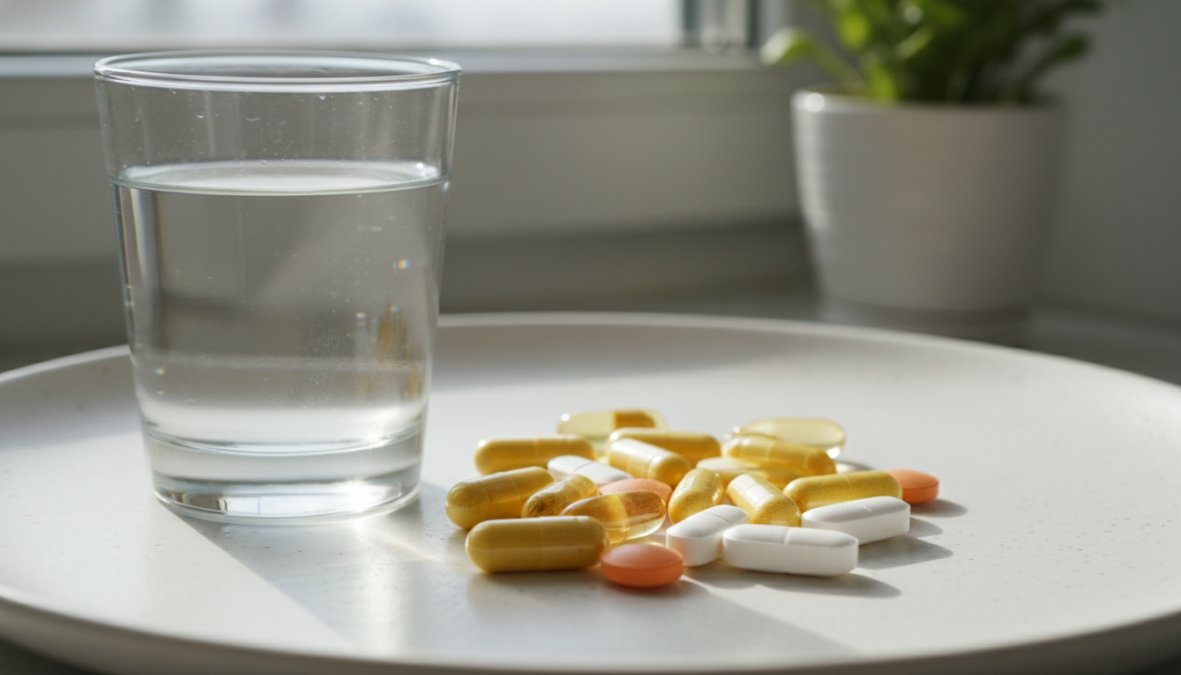 Close-up of various vitamin supplement capsules and tablets in amber, yellow and white colors arranged on a white marble surface next to a clear glass of water, with soft natural morning light coming from a nearby window