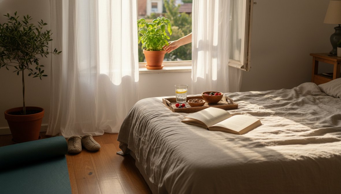 A person sleeping peacefully on their side in a tidy, bright bedroom with white linen bedding, warm natural morning light filtering through sheer curtains, conveying deep rest and physical wellness