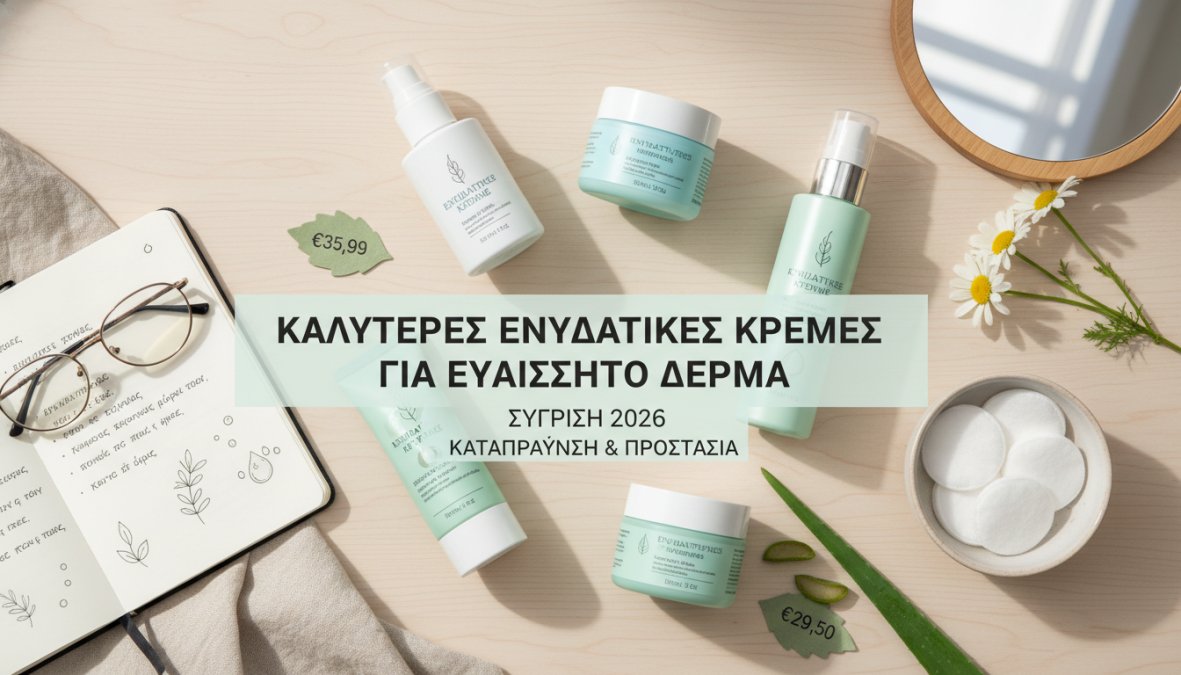 Flat lay φωτογραφία με εννέα βαζάκια και μπουκαλάκια ενυδατικών κρεμών τοποθετημένα σε λευκή μαρμάρινη επιφάνεια, με μερικά λευκά λουλούδια και μικρές πέτρες spa γύρω τους, φυσικό πλάγιο φως