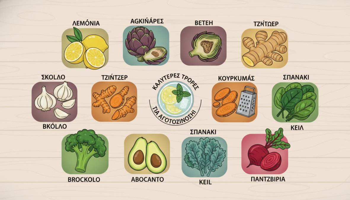Overhead flat lay photograph of fresh detox foods on a rustic wooden table: halved lemons, whole artichokes, fresh ginger root, turmeric rhizomes, and leafy greens including spinach and kale, arranged naturally with a clear glass of water and scattered herbs, warm natural daylight