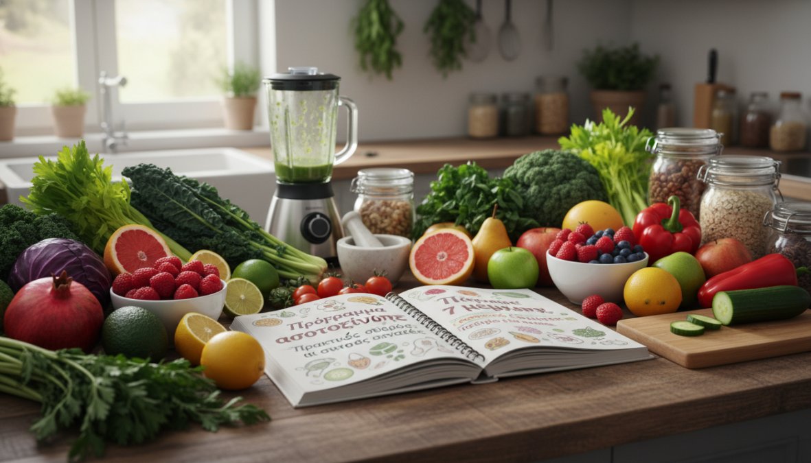 A woman in a bright, sunlit kitchen preparing a vibrant green smoothie, pouring fresh spinach and sliced cucumber into a blender, with halved lemons and a piece of ginger root on the marble countertop beside her, looking energetic and focused