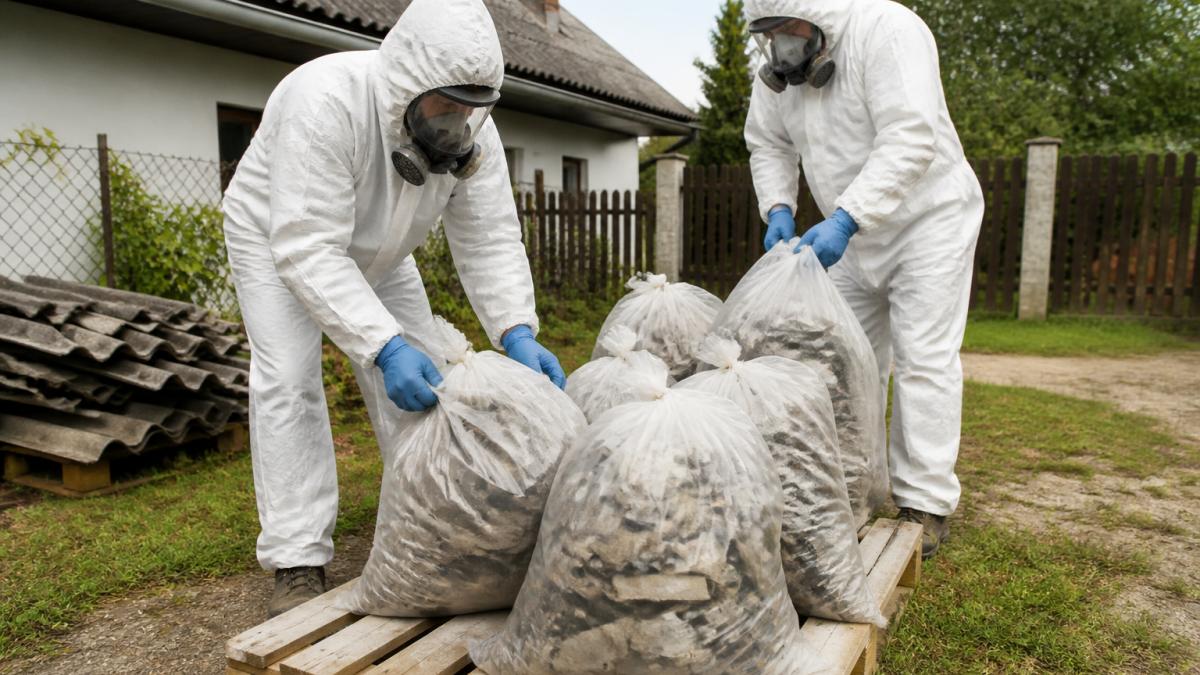 Dva pracovníci v ochranných oblecích a respirátorech balí rozbité eternitové desky do pevných plastových pytlů a ukládají je na paletu na dvoře rodinného domu