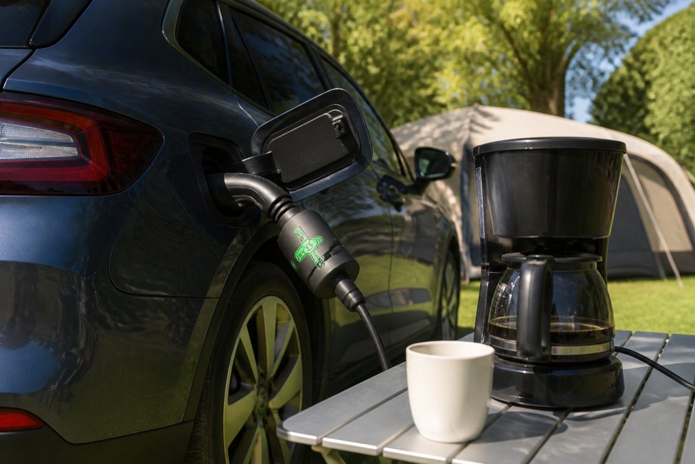Elbil parkeret på en grøn campingplads med Type 2-ladeporten åben, V2L-adapter tilsluttet, og en kaffemaskine samt kaffekop synligt på et campingbord i forgrunden, varm sommersol