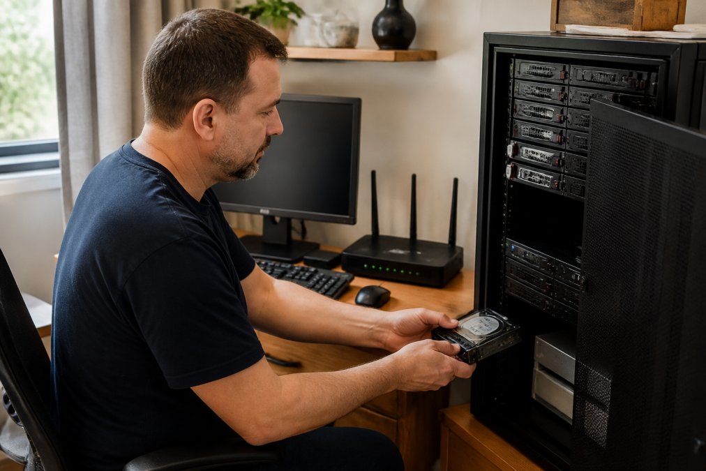 Iemand zit aan een bureau met een computer, router en servermonitoren, werkend aan hardwareconfiguratie voor webhosting thuis