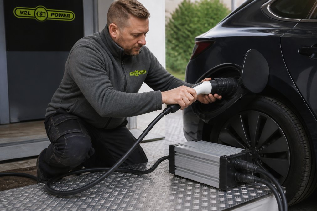 Professionel tekniker demonstrerer korrekt tilslutning af V2L Type 2-ladekabler til elbil med ekstern omformer monteret på metalflade, viser sikker installationsopsætning