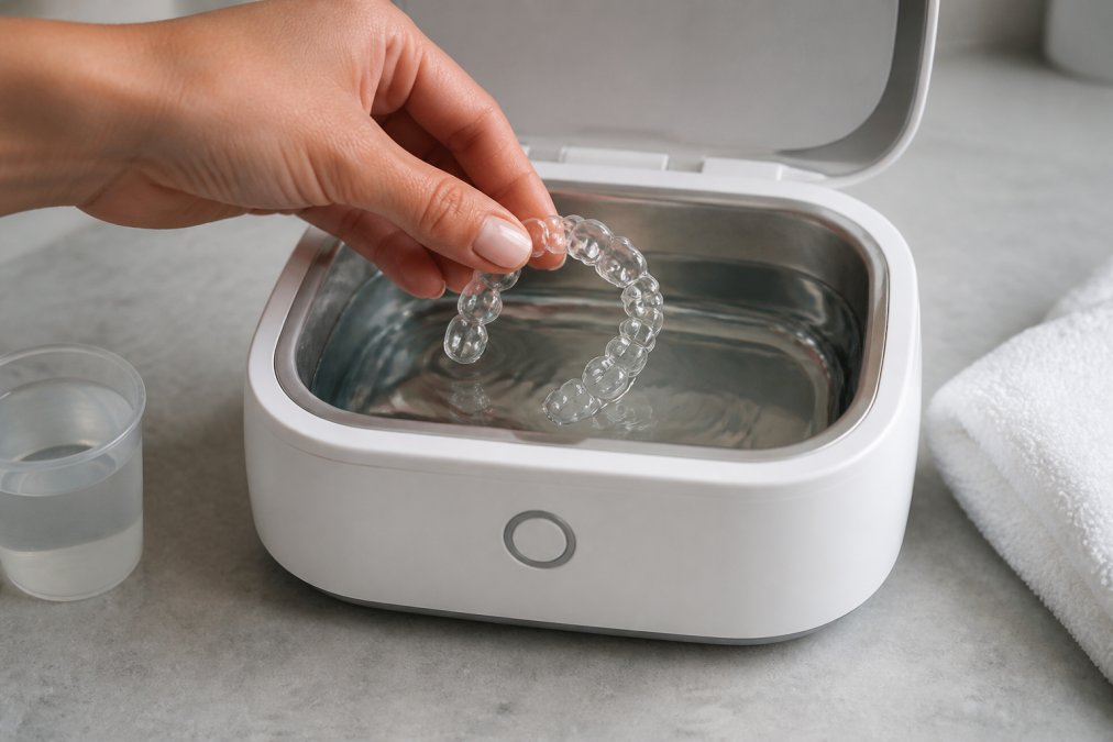 Nahaufnahme von Händen, die eine durchsichtige Zahnschiene vorsichtig in das Reinigungsbecken des Purlify Dental Pod einlegen, mit klarem Wasser und Reinigungslösung sichtbar