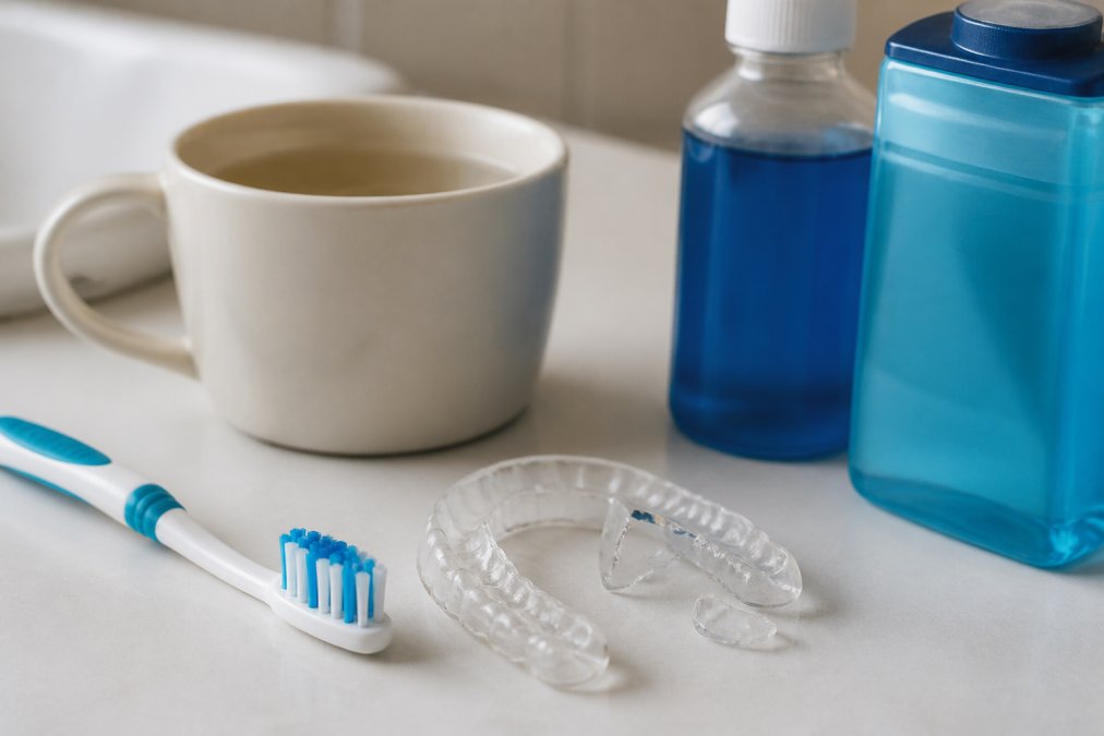 Überblick über häufige Fehler: eine beschädigte Zahnschiene neben einer Zahnbürste, heißem Wasser in einer Tasse und aggressiven Reinigungsmitteln auf einer weißen Oberfläche, mit natürlicher Beleuchtung