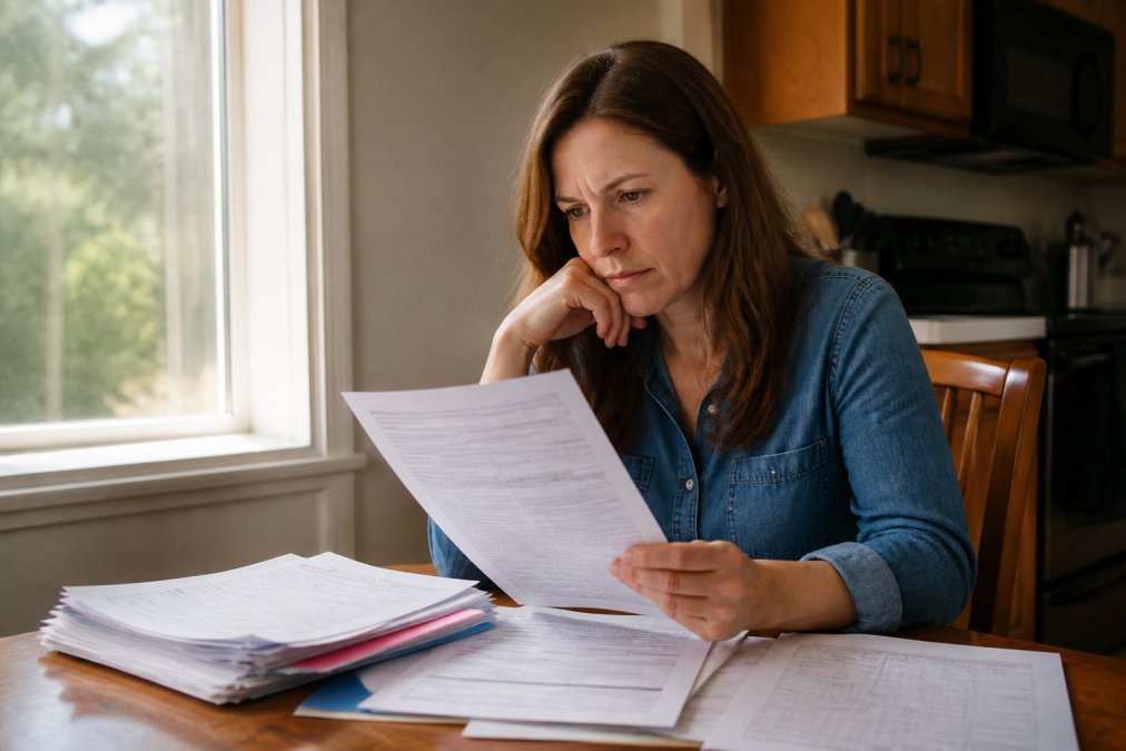 A homeowner reviewing a stack of legal documents and a calendar at a kitchen table, concerned but focused expression, natural window light through the window